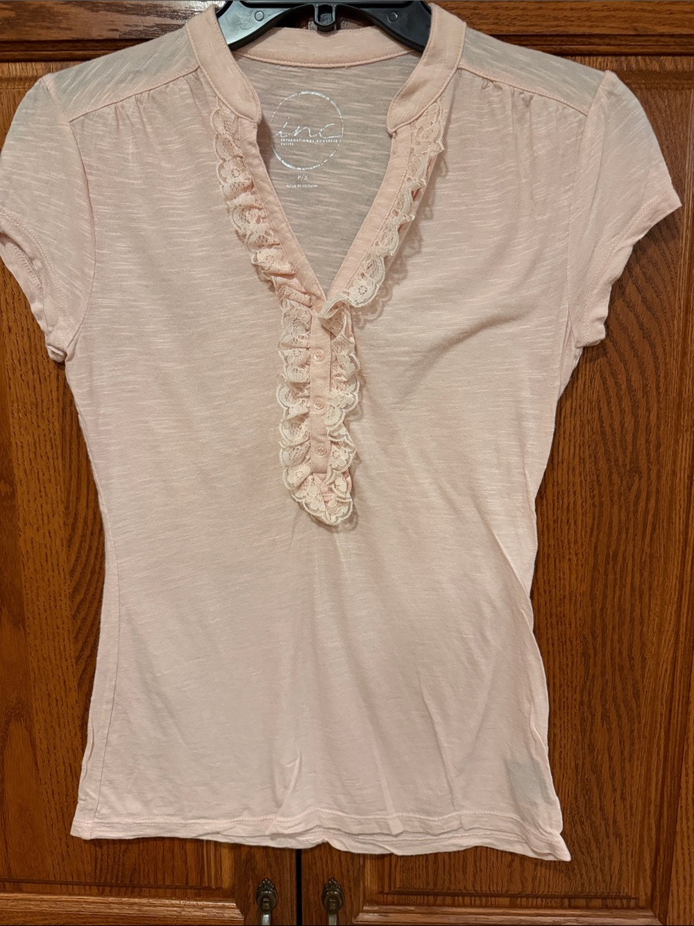 INC International Concepts Blush Pink Lace-Trim Henley Tee -like new!